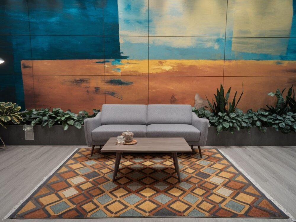 Dywan w geometryczne wzory idealny do szarej kanapy