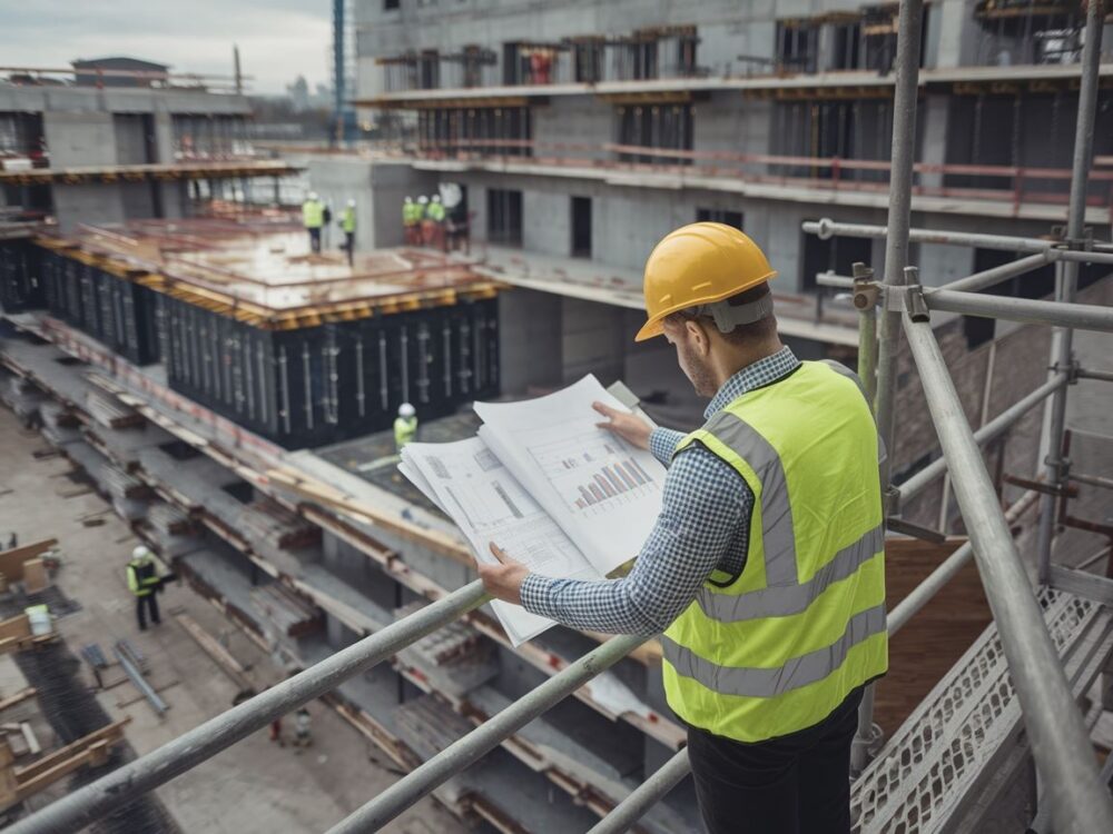 Kierownik budowy monitorujący postęp prac przy użyciu tabletu