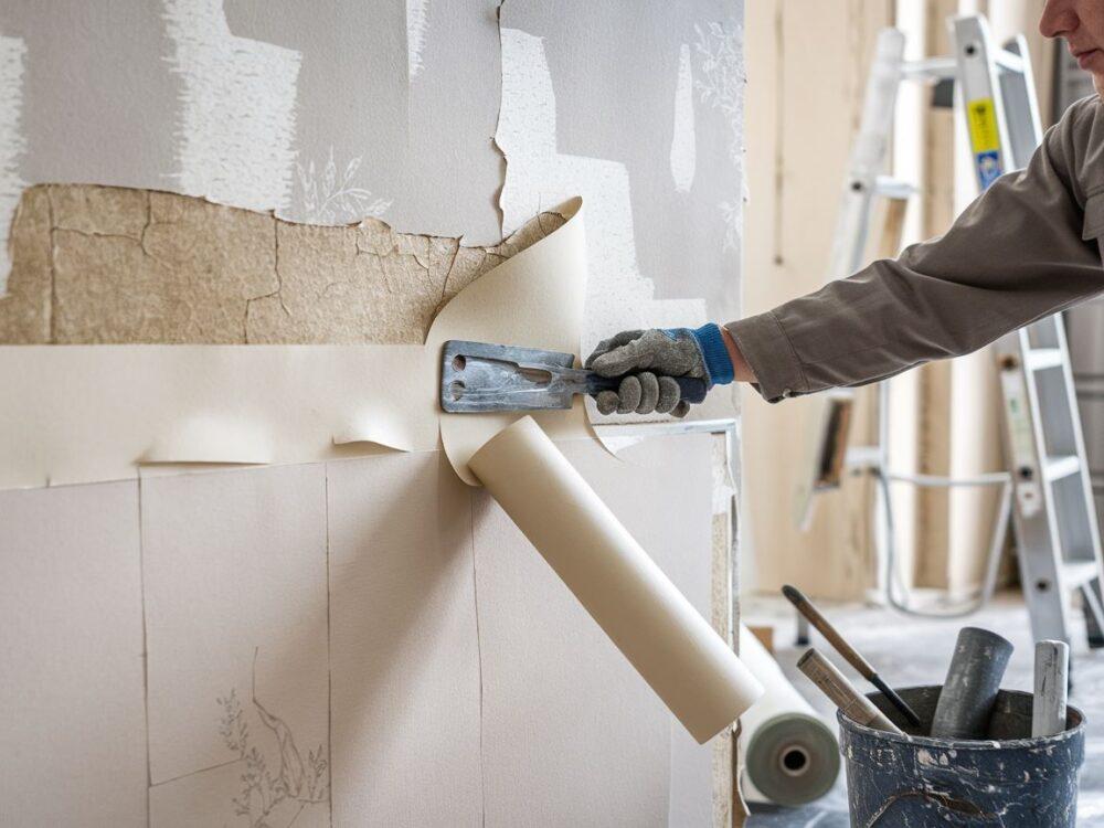 Osoba usuwająca tapetę za pomocą skrobaka